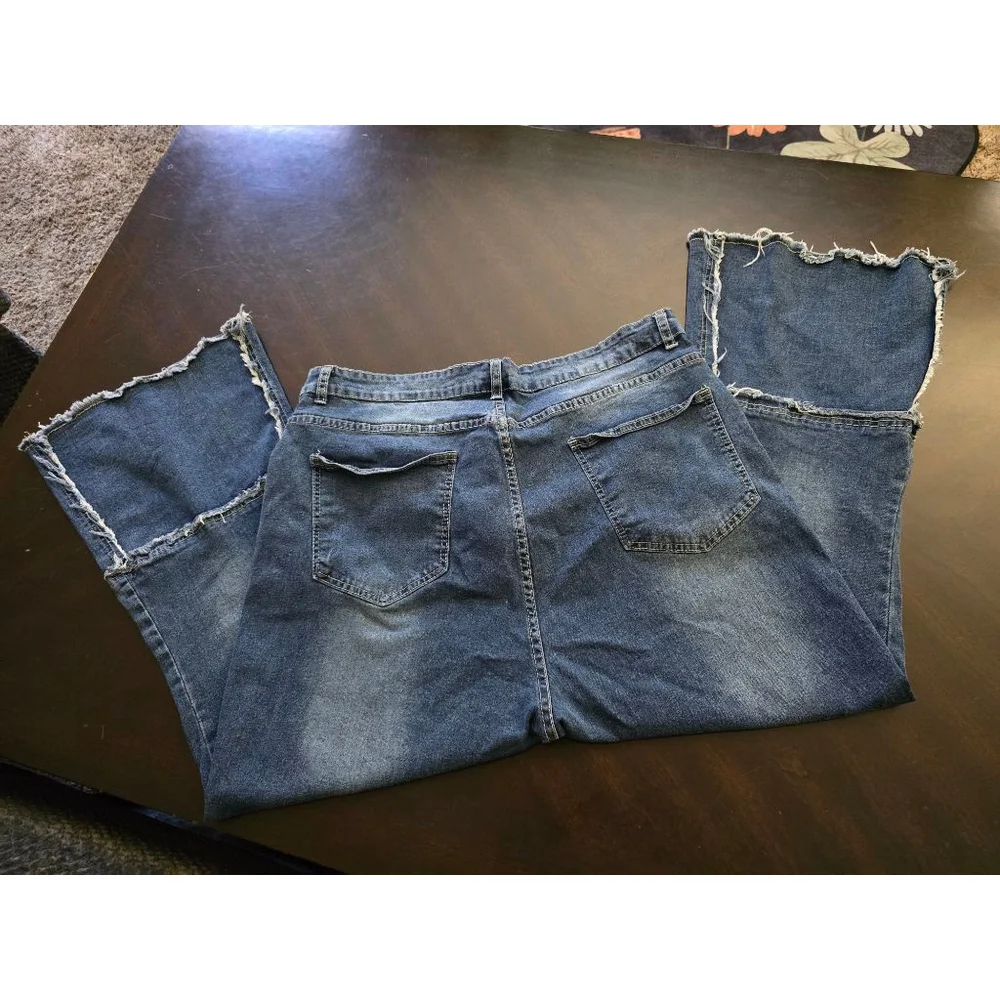 Women's Plus Size Blue Flare & Wide Leg Frayed Embellished Jeans 3XL